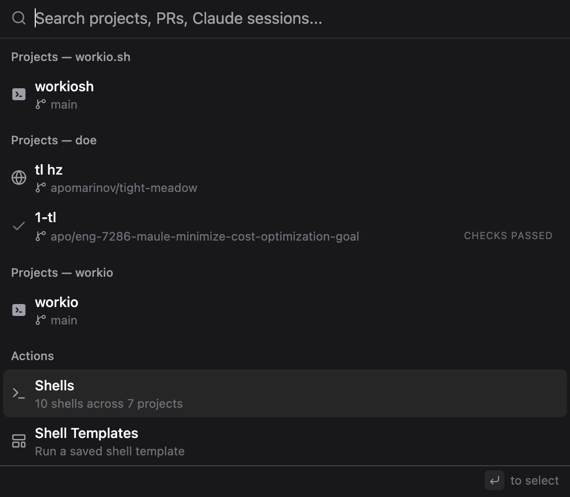 WorkIO command palette searching projects and actions